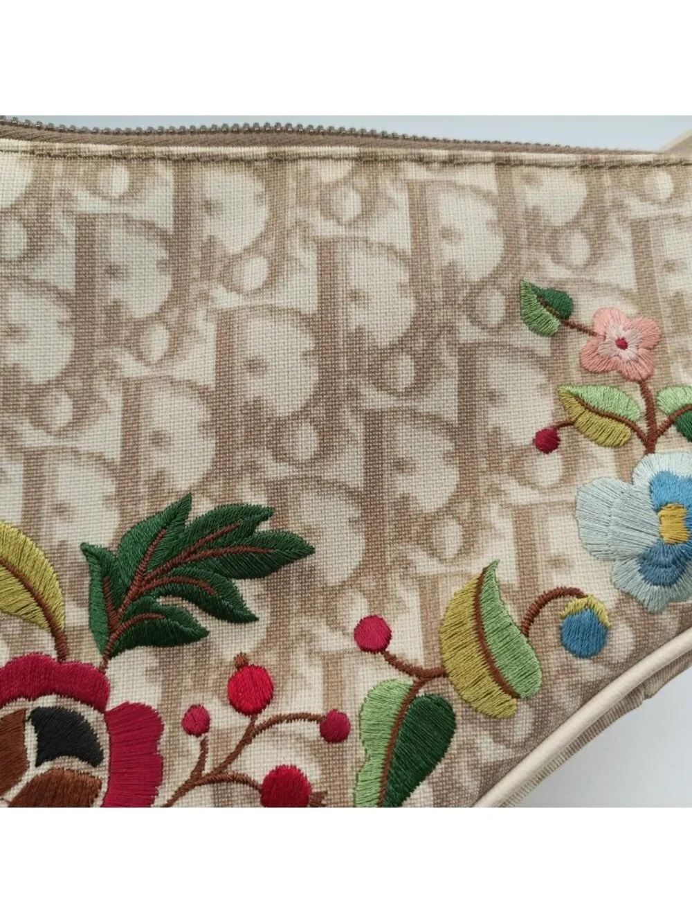 Dior Saddle Beige Canvas Flower Embroidery MC Shoulder